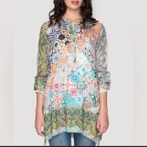 Johnny Was Jessner Silk Tunic – M – Mosaic Print with Green Paisley Border